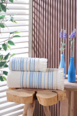 SARİNA renkli bir dünya RETRO SAÇAK DETAYLI MAVİ BANYO HAVLU TAKIMI 50x90 70x140