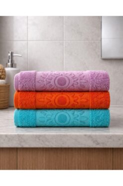 Cotton 3'lü %100 Pamuklu Havlu Seti Kabartmalı Otantik Desenli 50x90 El ve Yüz Havlusu