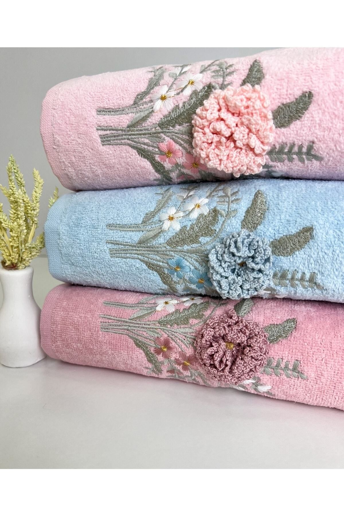 AYHANHOME 3d Çiçek Desenli Çeyizlik 3 Adet 50x90 El Yüz Havlu Seti