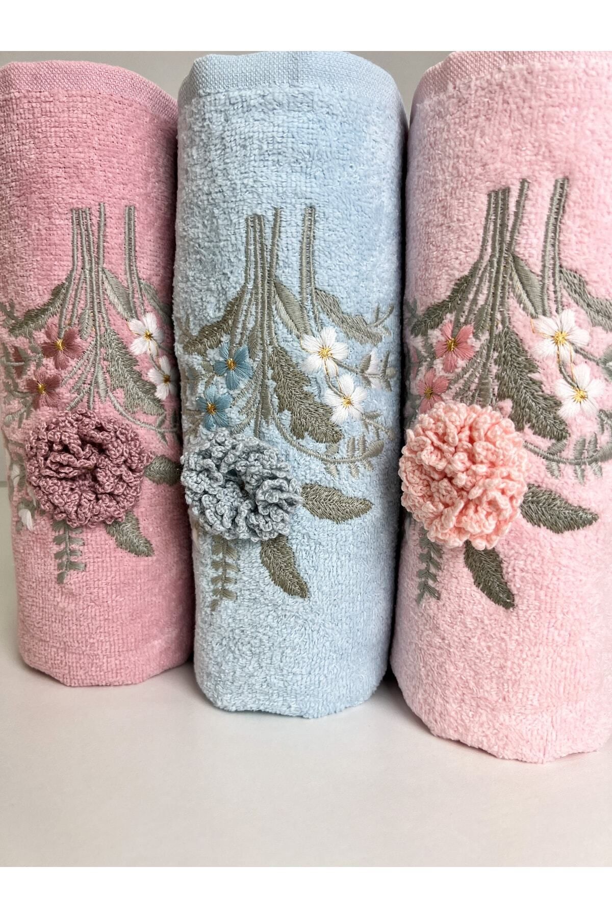 AYHANHOME 3d Çiçek Desenli Çeyizlik 3 Adet 50x90 El Yüz Havlu Seti - Görsel 2