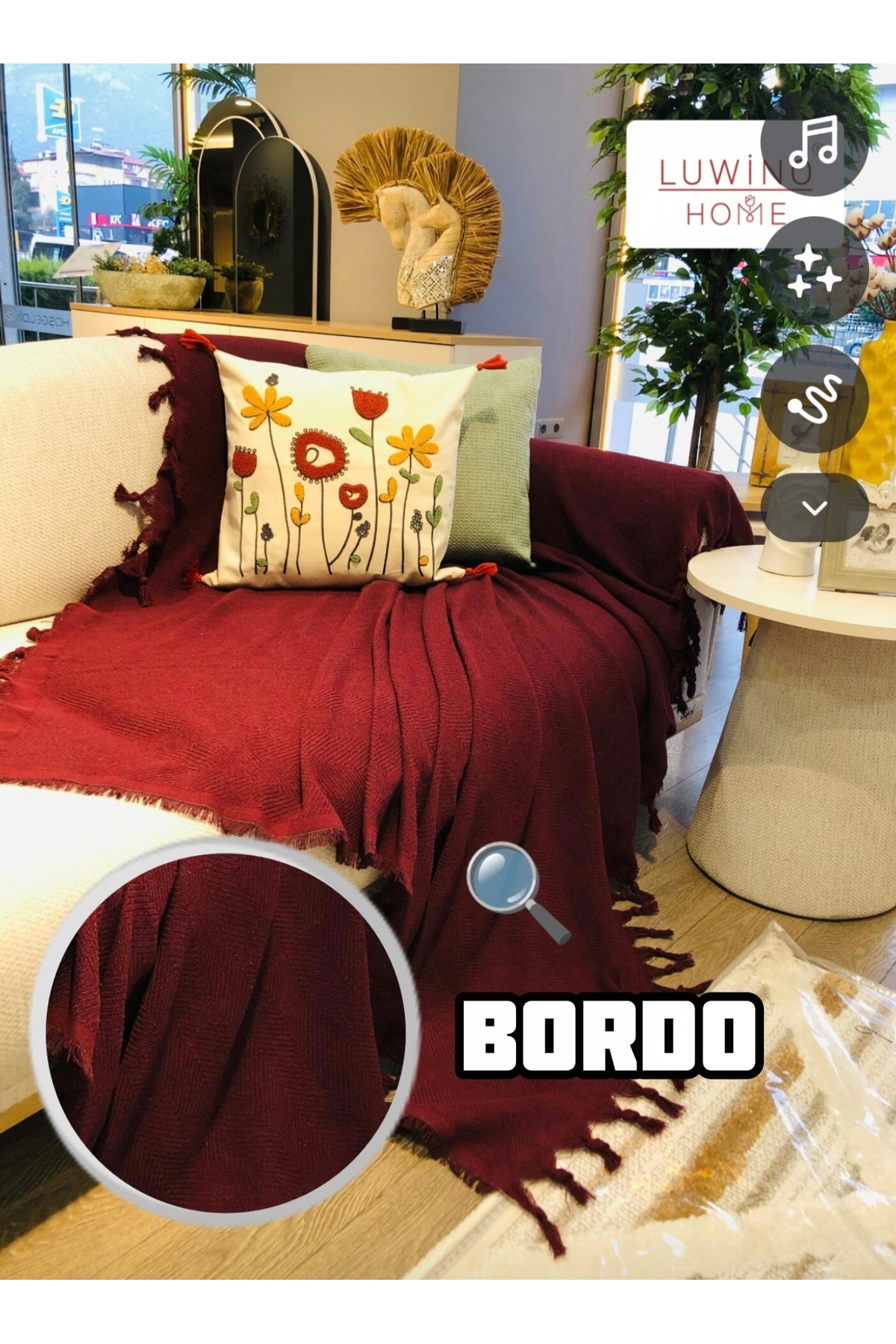 LUWİNO HOME Renge Renk El Bağlama Bordo Koltuk Örtüsü 180*200 Cm - Görsel 2