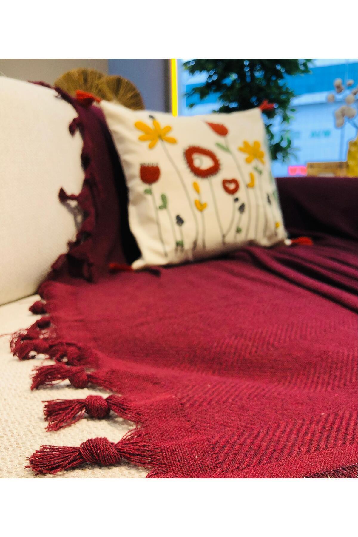LUWİNO HOME Renge Renk El Bağlama Bordo Koltuk Örtüsü 180*200 Cm - Görsel 3