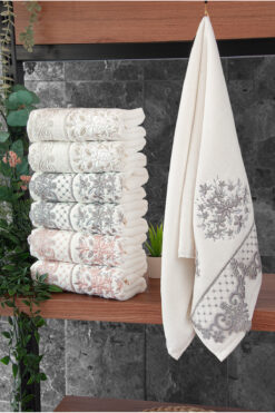 ihvan online Güpürlü Kadife Nakış İşlemeli Desenli Kutulu Lüks Çeyizlik 6'lı El Yüz Havlu Seti 50x90 - 00274