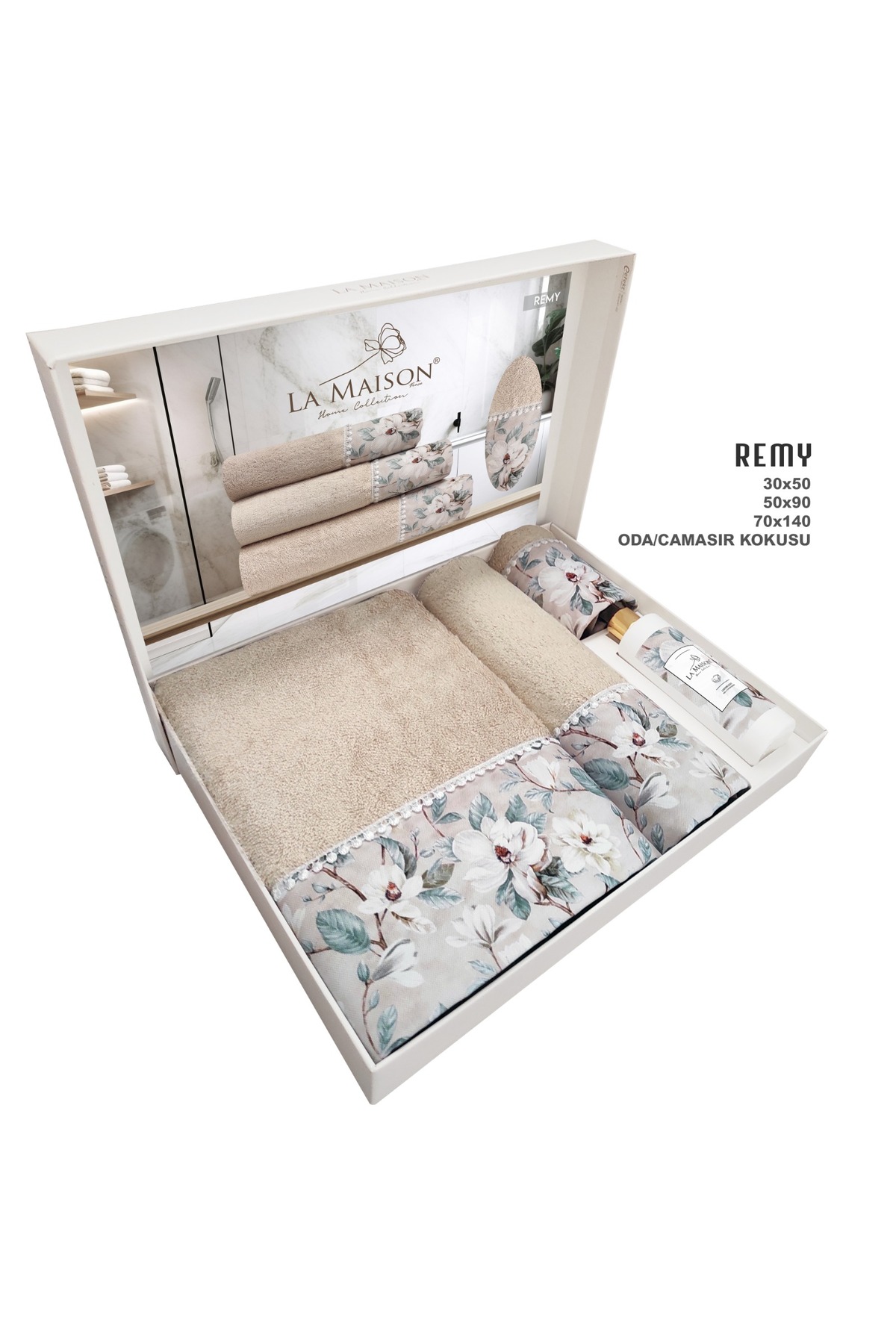 Deco Home Bambu 30*50 + 50*90 + 70*140 Cm Parfümlü Baskılı Dantelli Kutulu Banyo Havlu Seti