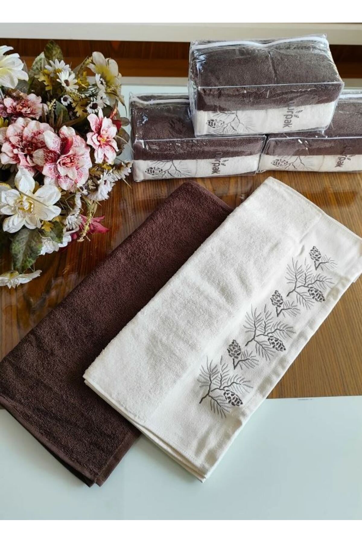 Nurpak Pamuklu Hediyelik Havlu / El Havlusu Kahverengi Beyaz 50x90 (2 ADET)