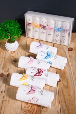asev tekstil 30x50 Cm Güpür Kelebek İşlemeli 6lı Mutfak Havlusu | El Havlusu | Yüz Havlusu Seti