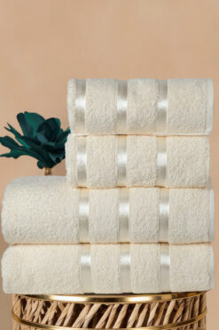 DNZGÜLCAN 4'lü %100 Pamuk Saten Kurdele Detaylı Havlu Seti - 2 Adet 70x140, 2 Adet 50x90 - Ultra Soft, Premium