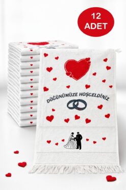 INTER Z 12 Adet Baskılı Düğün Havlusu ( Okuluk Havlu ) - 40x70 cm Gelin & Damat Havlusu