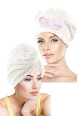 CHIZGY İkili Set Saç Havlusu Bonesi Lastikli Fiyonklu & Mikrofiber 2 Düğmeli Saç Havlusu