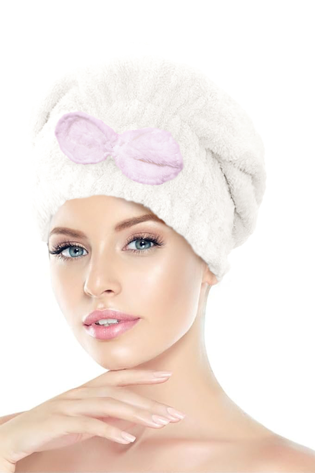 CHIZGY İkili Set Saç Havlusu Bonesi Lastikli Fiyonklu & Mikrofiber 2 Düğmeli Saç Havlusu - Görsel 3