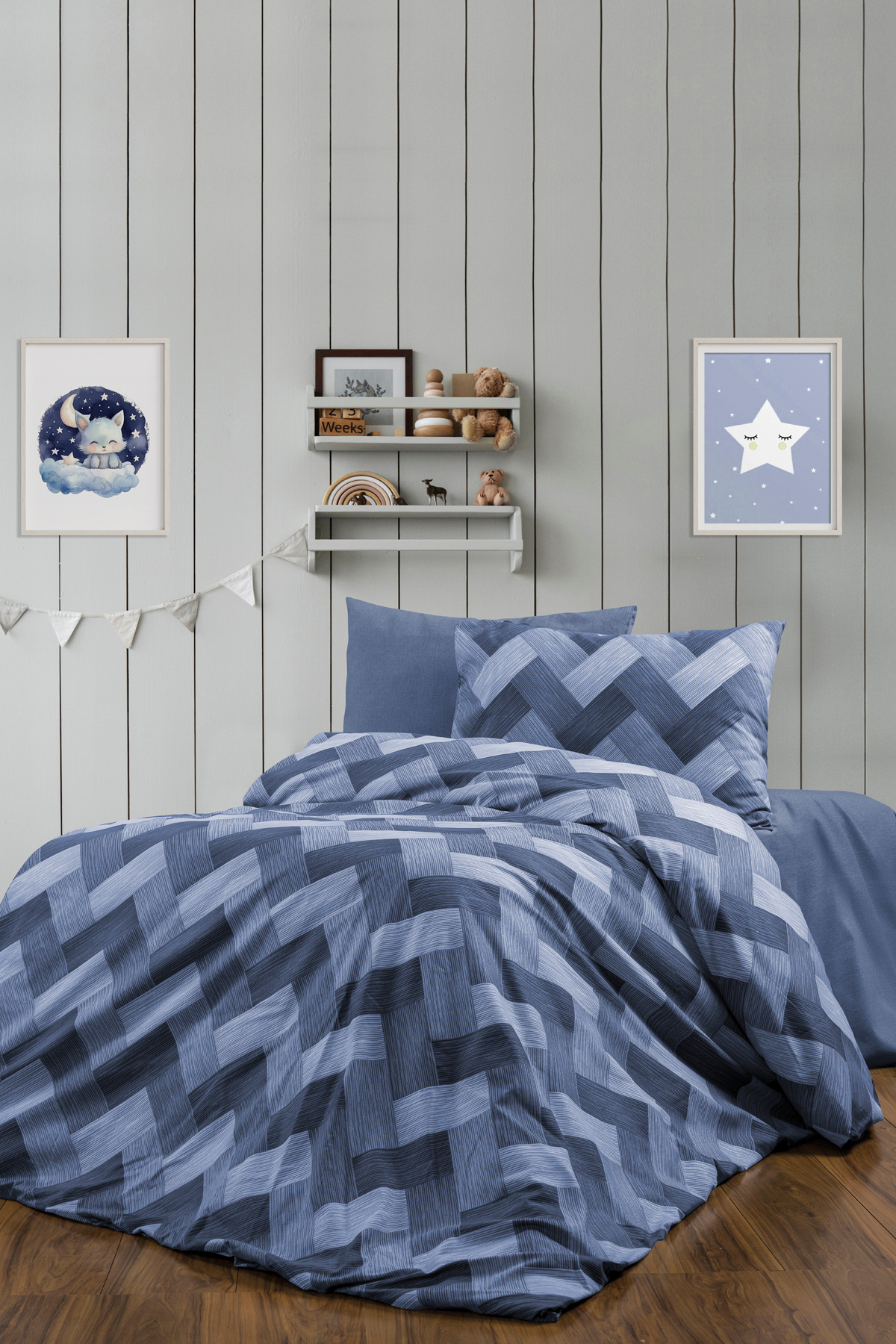 CANDAN ÇEYİZ Lastikli Çarşaflı Tek Kişilik Nevresim Takımı Zikzak Mavi