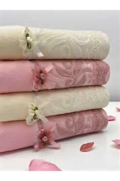 AYHANHOME 4'lü %100 Kadife Güpürlü Fiyonklu Çeyizlik El Ve Yüz Havlusu