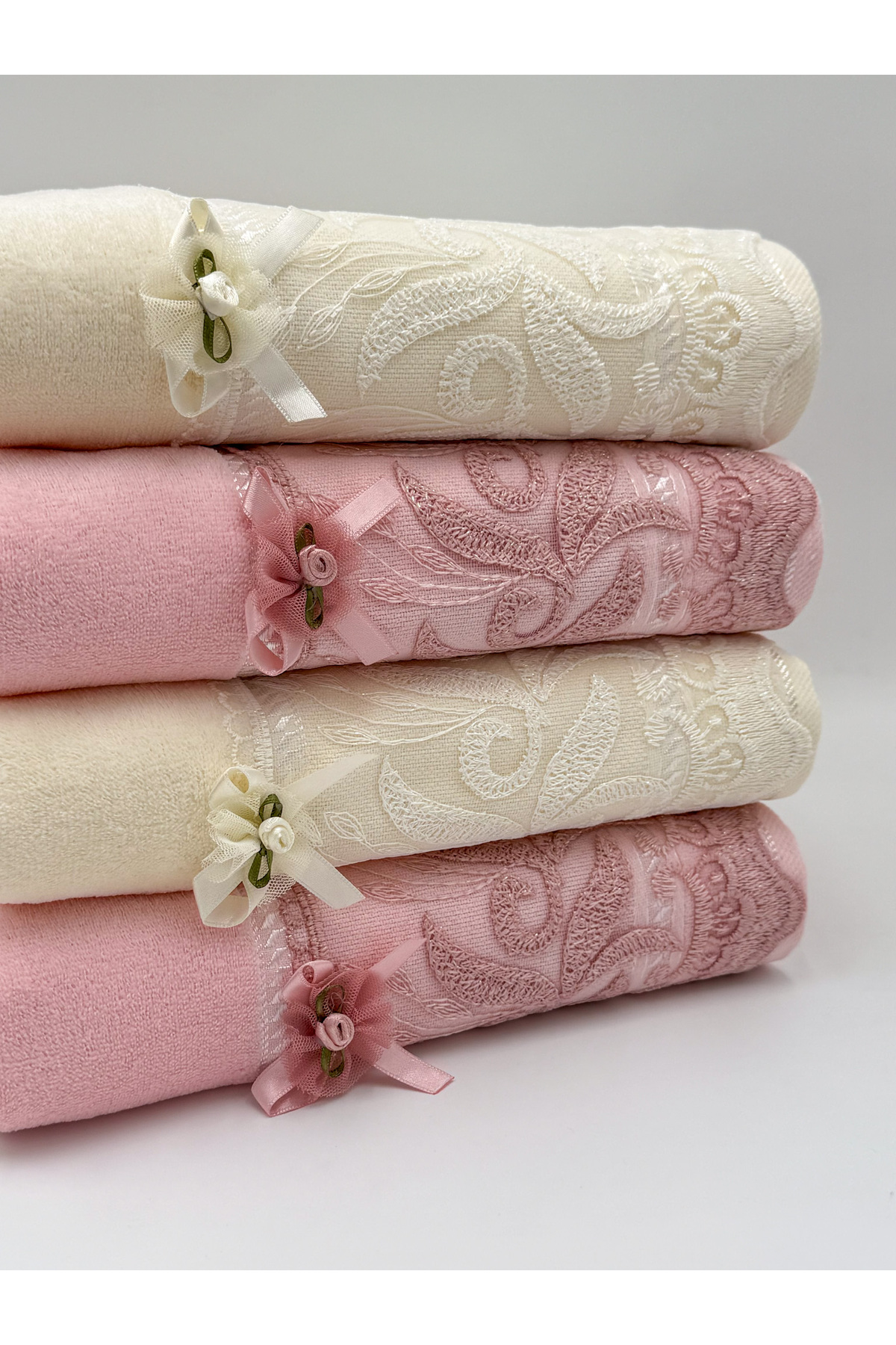 AYHANHOME 4'lü %100 Kadife Güpürlü Fiyonklu Çeyizlik El Ve Yüz Havlusu - Görsel 3