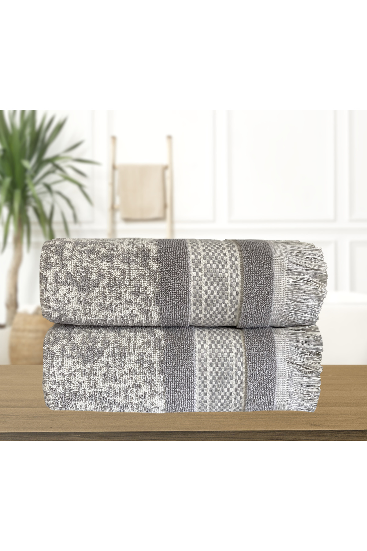 Lucy and Home Jakarlı Saçaklı 2li El , Yüz ve Baş Havlusu 60X130cm