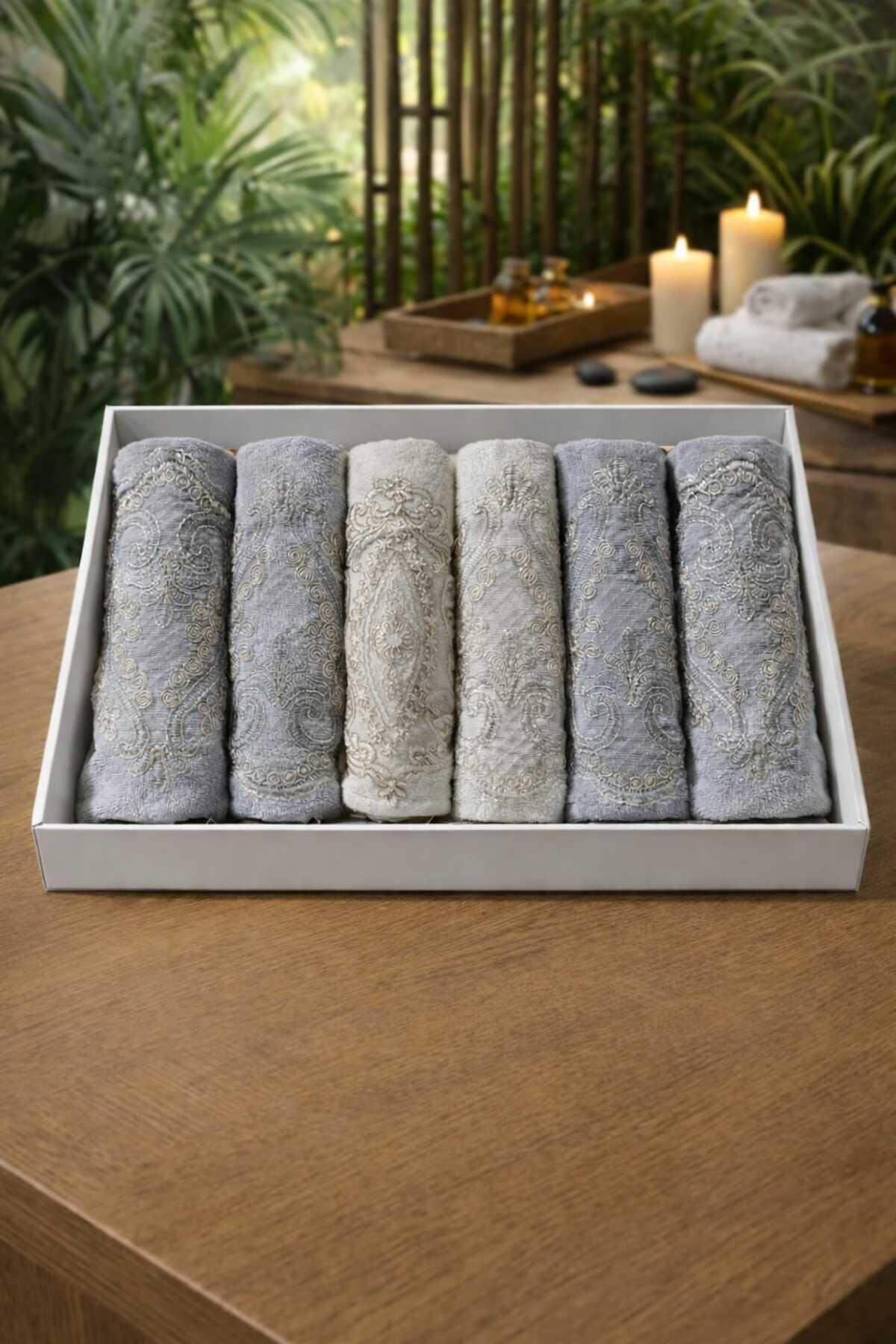 Nevvera Home Nakışlı Lüks Banyo Havlu Seti | %100 Pamuk | Yüksek Emici | Şık Kutulu 6’lı Havlu Seti