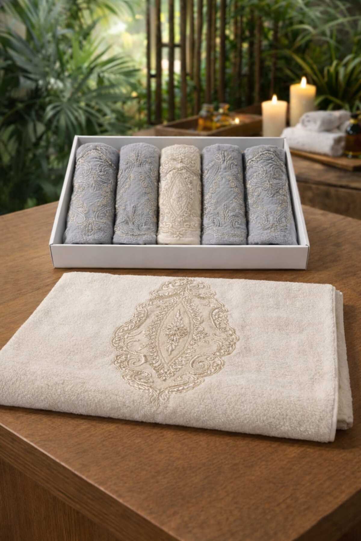 Nevvera Home Nakışlı Lüks Banyo Havlu Seti | %100 Pamuk | Yüksek Emici | Şık Kutulu 6’lı Havlu Seti - Görsel 2