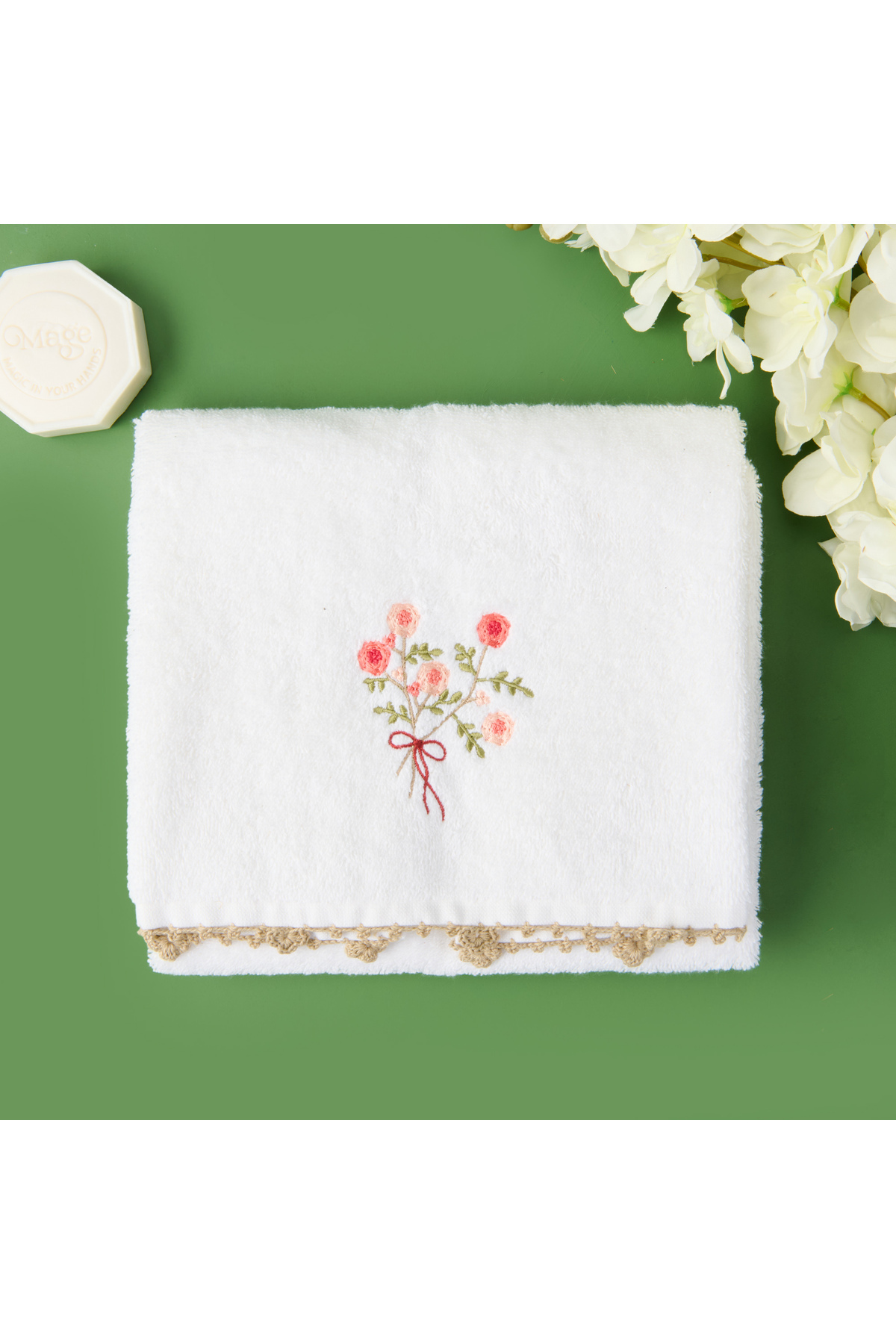 Evidea Soft Granny Summer Çiçek Nakışlı Yüz Havlusu - Ekru - 50x90 cm