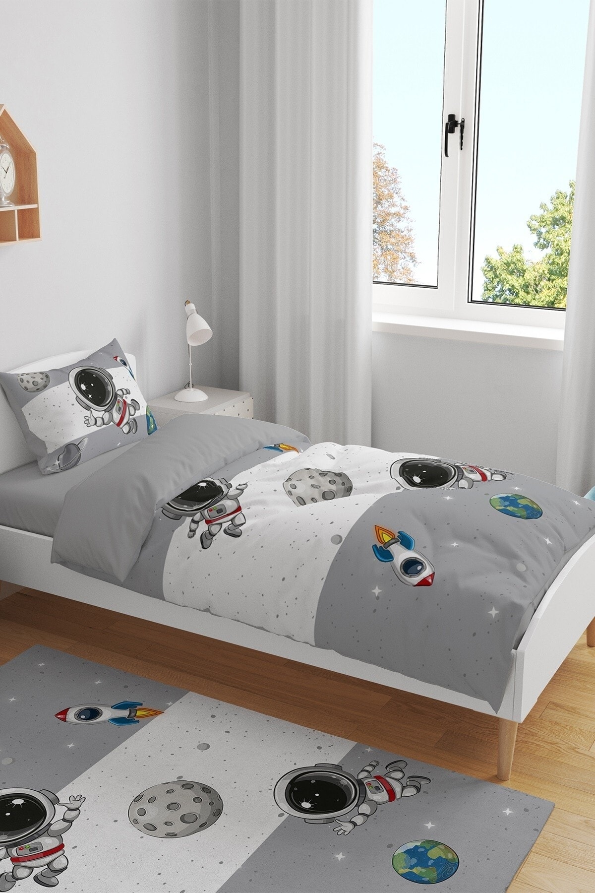 EVPANYA Gri Ye Gri Uzay ve Minik Astonot Desenli Tek Kişilik Bebek Çocuk Nevresim Seti - Görsel 2