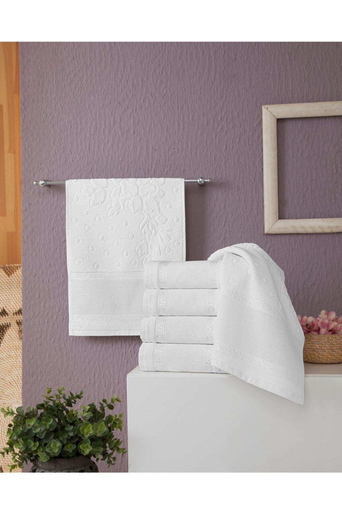 Fiesta 6 Adet 50 X 90 Etamın Bordurlu Jakarlı Beyaz El Yüz Havlusu Kanevice Işlemelik - Görsel 3