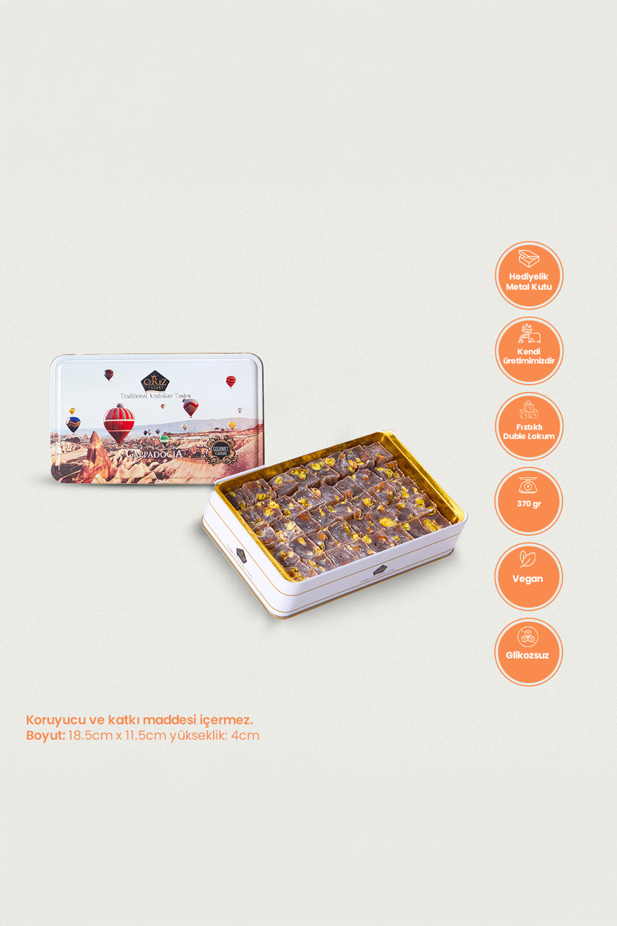 Çerez Pazarı Çifte Kavrulmuş Extra Antep Fıstıklı Lokum Hediyelik Metal Kutuda 370gr