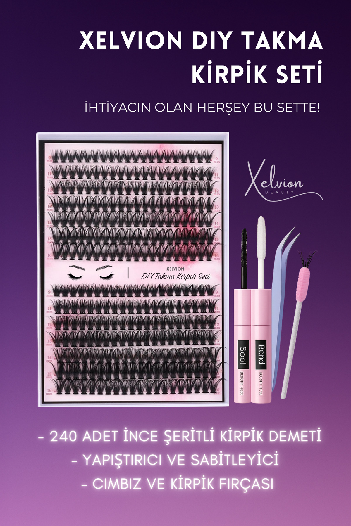 XELVION BEAUTY 240'lı Takma Kirpik Seti, Yapıştırıcı, Sabitleyici, Cımbız ve Kirpik Fırçası