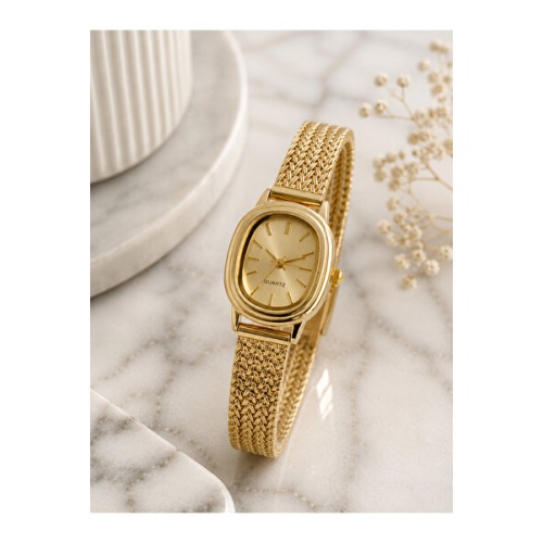 The Watch Danielle Gold Kadın Kol Saati & Su Yolu Bileklik Hediyeli – Vintage Luxury Minimal Oval Kadran Kadın Saati, Zarif Hasır Kordon Şık Kadın Saat