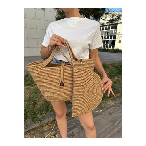 MaVaux Lumos Fermuarlı Hasır Jüt Vegan Clutch Çanta, Düğmeli Kol Çantası