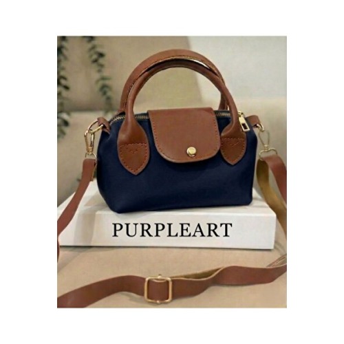 PurpleART Kadın Lacivert ve Taba Detaylı Çift Renkli Minimal Omuz ve Çapraz Çanta - Marine Stil