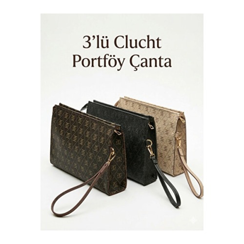 Zeyne Zyn04 3'lü Set Kadın Portföy El Çantası Bilek Askılı Şık Portföy Clutch Çanta Seti Siyah/Vizon/Kahve