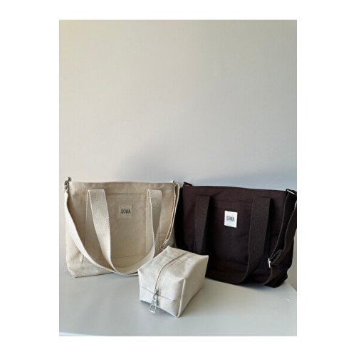 Sowa Collection 3lü Set Çıt Çıtlı Astarlı Kanvas Kadın El ve Omuz Çantası Makyaj Çantası