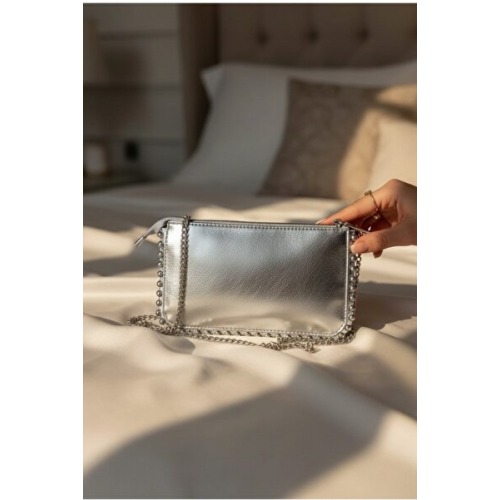 Classbag Kadın Gümüş, Boncuk Detaylı Zincir Askılı Çapraz Omuz Çantası