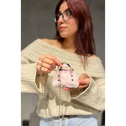 torime Kadın Pembe Peluş Mini Boy Zincir Askılı Omuz Çantası