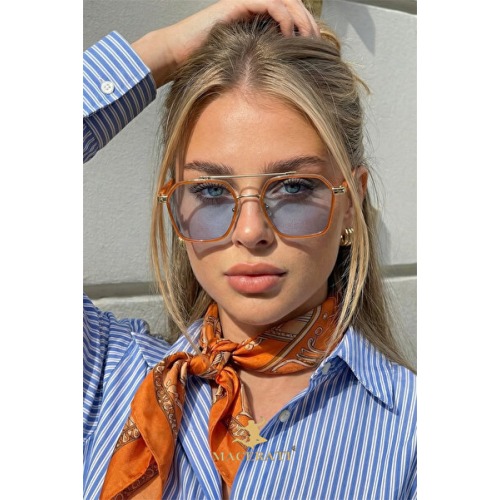 MACERATİ Ecş Unisex Vintage Mavi Cam Turuncu Çerçeve Güneş Gözlüğü