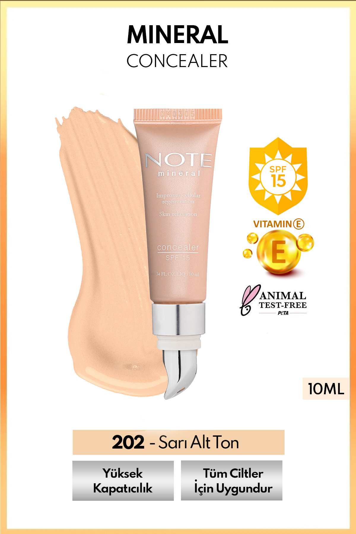 NOTE Mineral Concealer Spf 15 Yoğun Kapatıcı Metal Başlıklı Göz Altı Kapatıcısı - 202 Orta Açık