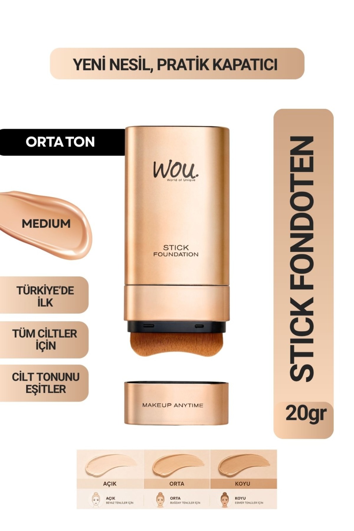 WOU World of Unique Stick Fondöten, Fırçalı Pratik Kapatıcı, 2 in 1, 20 gr, Orta Ton