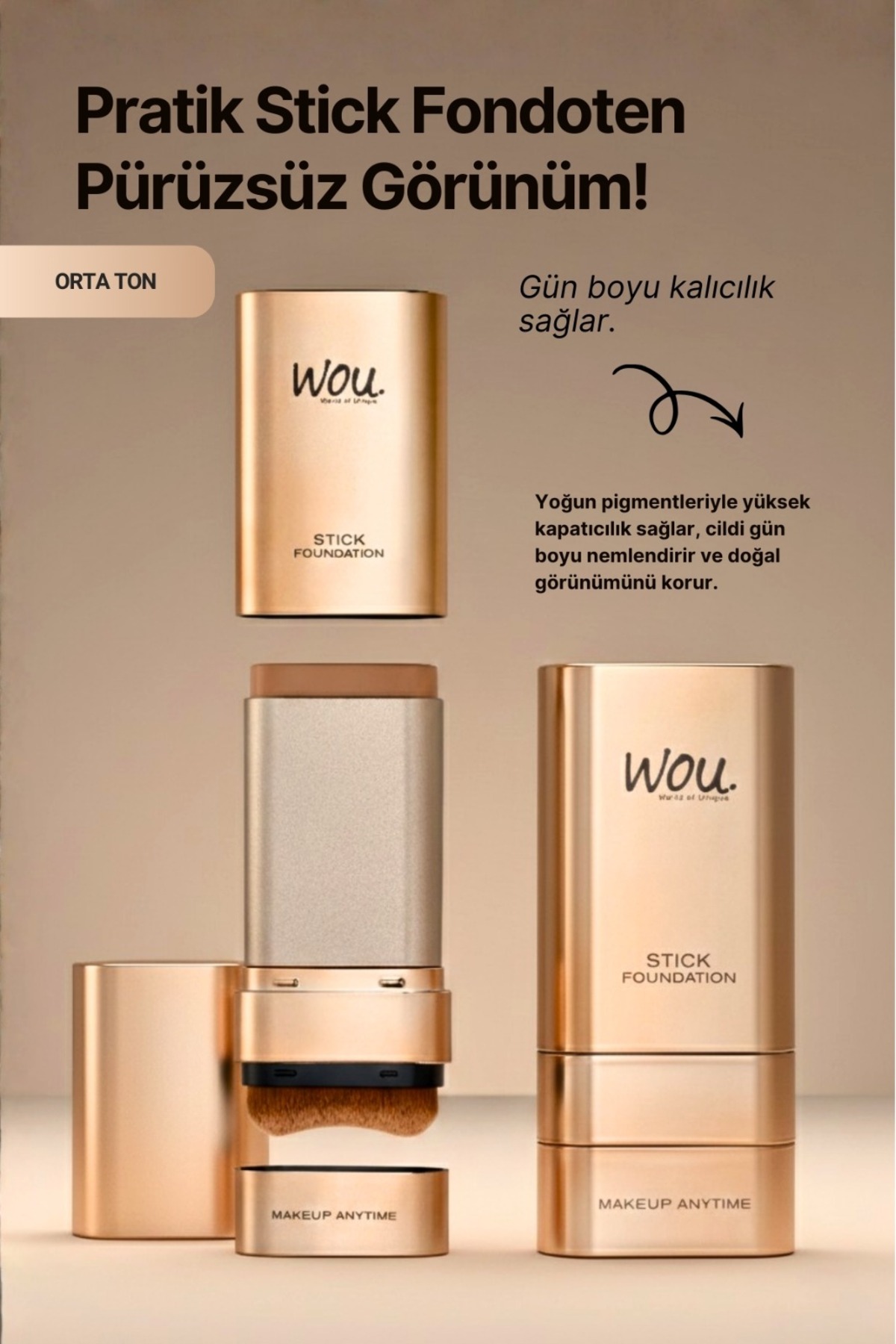 WOU World of Unique Stick Fondöten, Fırçalı Pratik Kapatıcı, 2 in 1, 20 gr, Orta Ton - Görsel 3