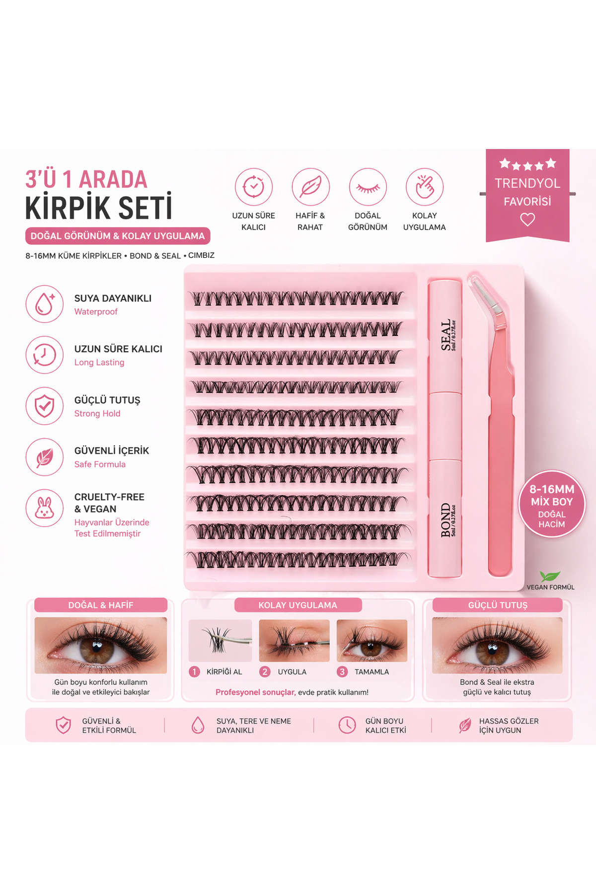 Takmakirpiğim Takma Kirpik Seti Yapıştırıcı, Sabitleyici, Cımbız Ve 200 Adet Kirpik Tutamı