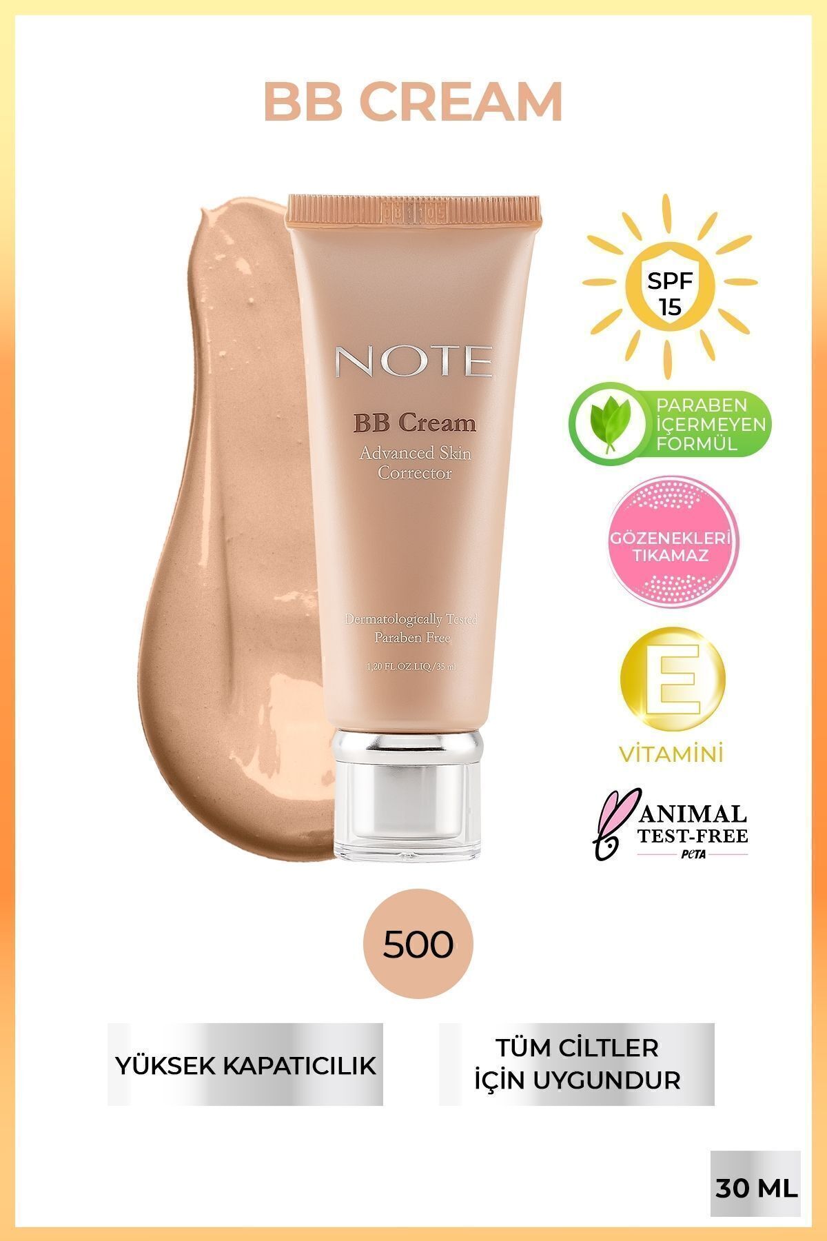 NOTE BB Cream SPF 15 Nemlendirici Etkili Yoğun Kapatıcı BB Krem - 500 Orta Açık