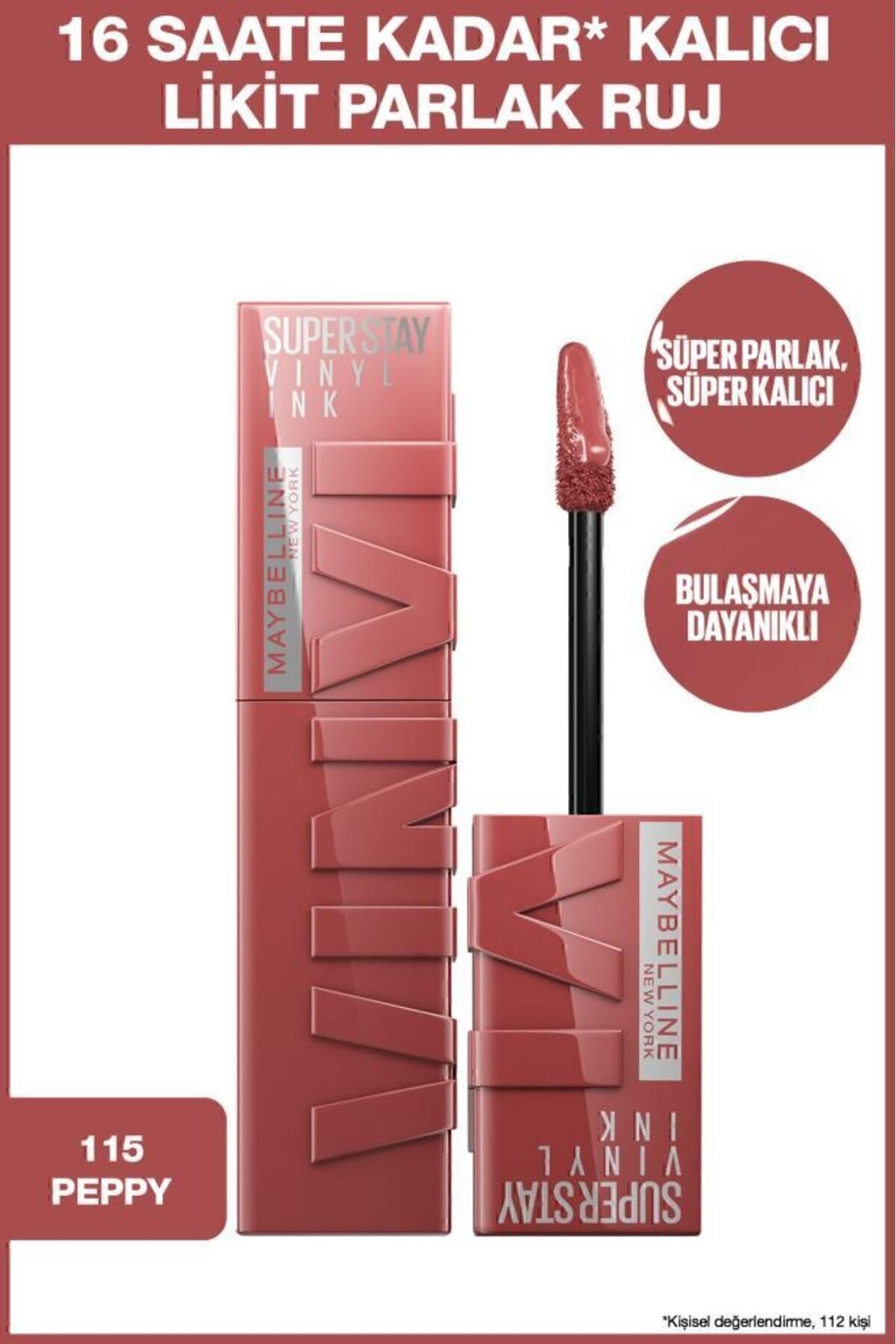 Maybelline New York Super Stay Vinyl Ink Uzun Süre Kalıcı Likit Parlak Ruj 115 Peppy