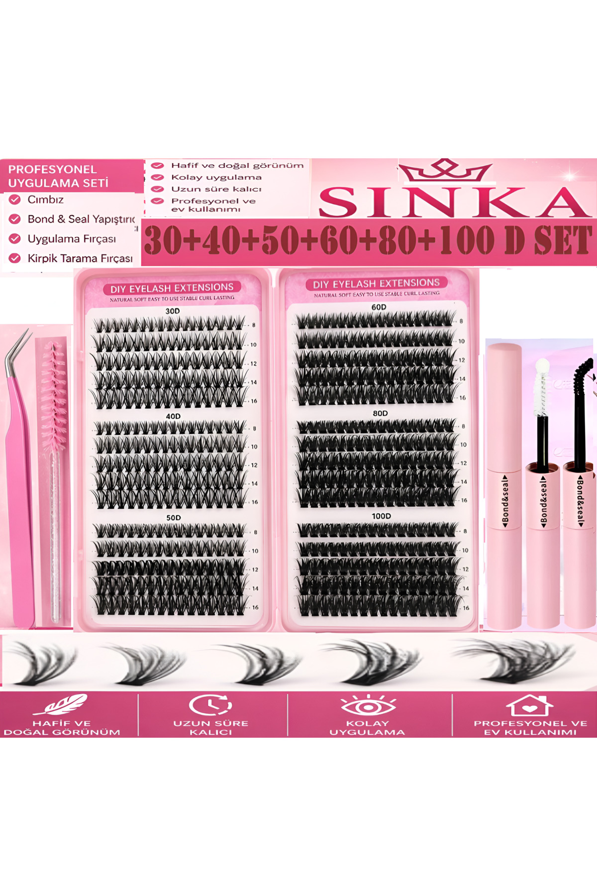 SİNKA Takma Kirpik 600 Demet Kirpik Seti Kitap Model 30-40-50-60-80-100 D 6 Farklı Hacim