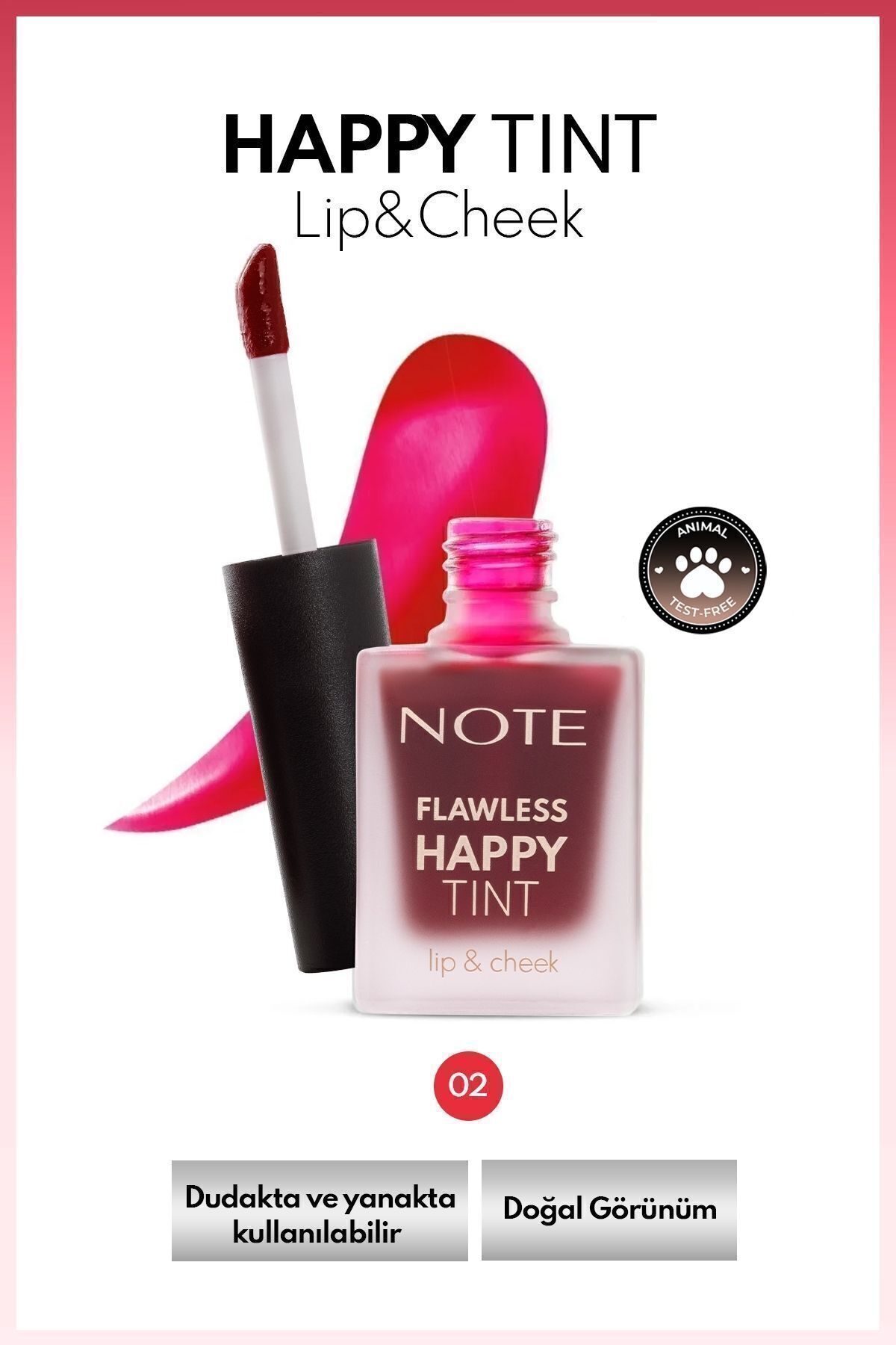 NOTE Flawless Happy Tint Lip & Cheek Dudak Ve Yanak Renklendirici Likit Allık - 02 Wild Cherry - Mor