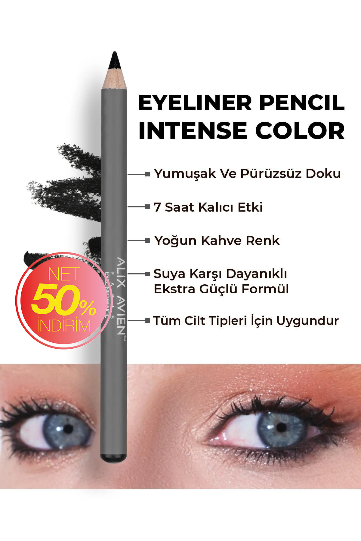 Alix Avien Suya Dayanıklı Yoğun Pigmentli Kremsi Kolay Sürüm Siyah Göz Kalemi - Eyeliner Pencil Black