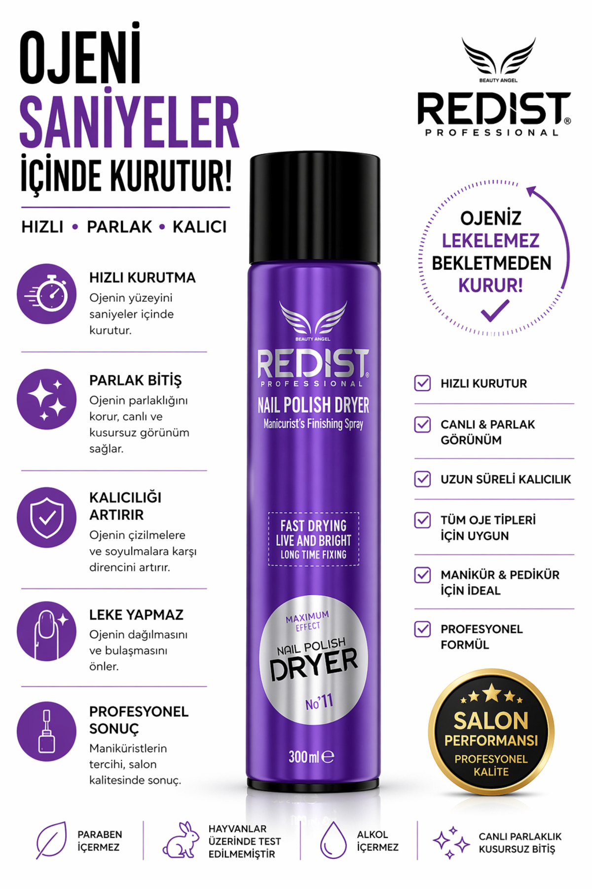 Redist Çok Hızlı Kurutan Oje Kurutucu Sprey 300 ml – Mükemmel Manikür Için Hızlı Çözüm -Vegan