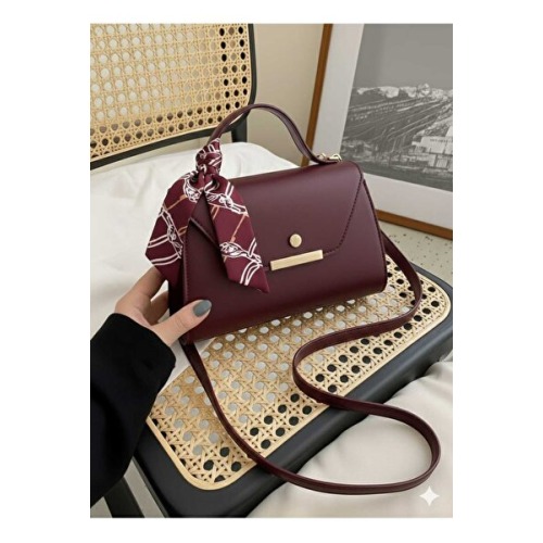 METEBAGS Bordo Suni Deri Fular Detaylı Omuz& El Çantası