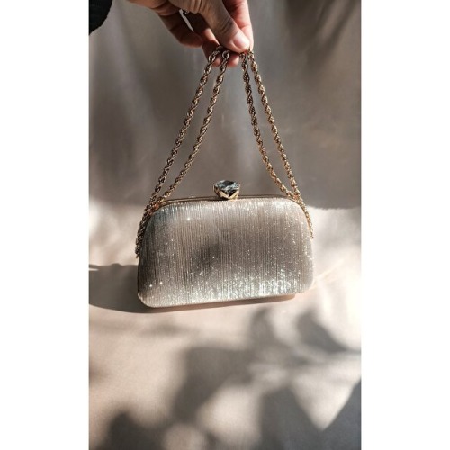 Gül Karatekin Kadın Gold Simli Burgu Zincirli Portföy Özel Gün Düğün Nişan Clutch Abiye Çanta