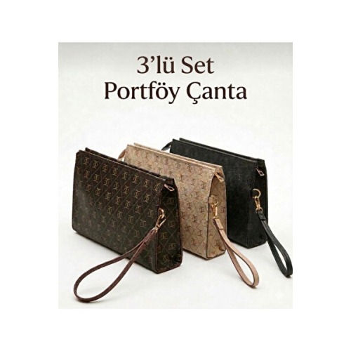 macsoo 3'lü Set Kadın Portföy El Çantası Bilek Askılı Şık Portföy Clutch Çanta Seti Siyah/Vizon/Kahve