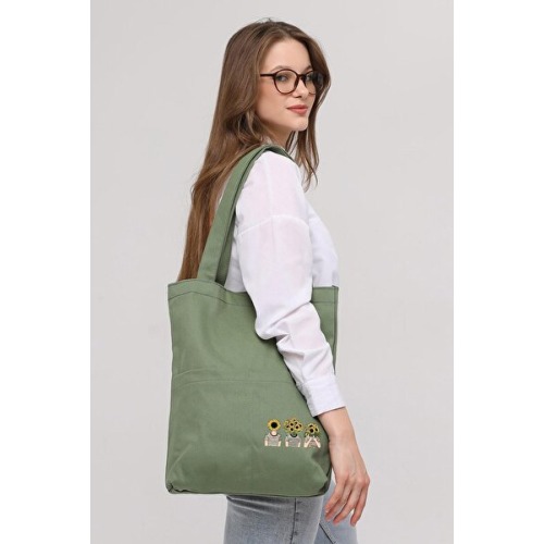 Çınar Bez Çanta 3 Cepli Ayçiçekli Kafalar Baskılı Mint Yeşili Gabardin Çanta