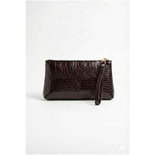 PurpleART Kadın Koyu Kahve Kroko Desenli Bilek Askılı Portföy & El Çantası - Şık Fermuarlı Clutch