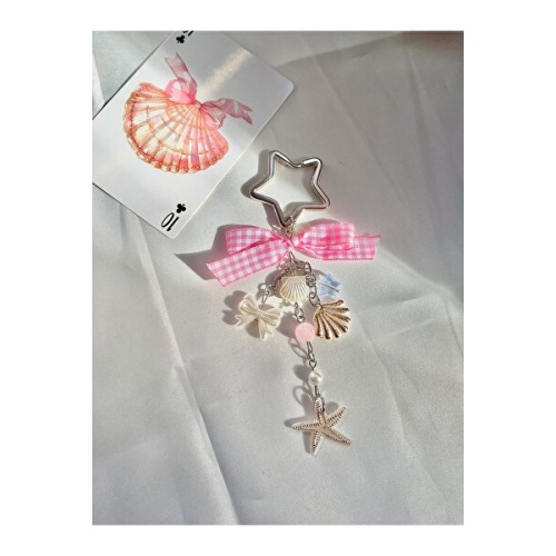 bohemian takı tasarim Summertime Vibes Pembe Ekose Fiyonklu Çanta Charmı