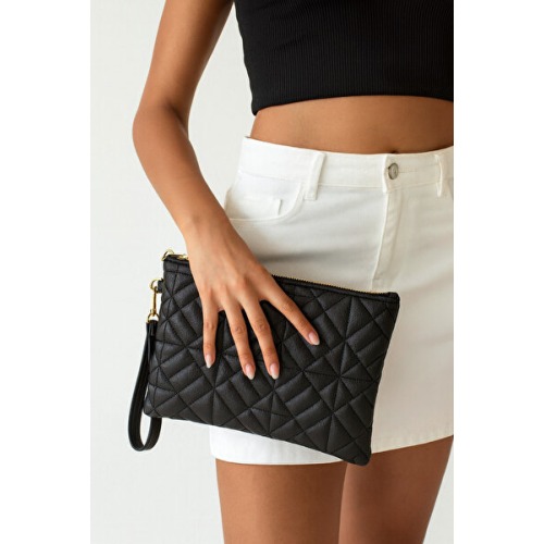 Bagfoni Siyah Geometrik Desenli Portföy Clutch El Çantası 25x19 Cm